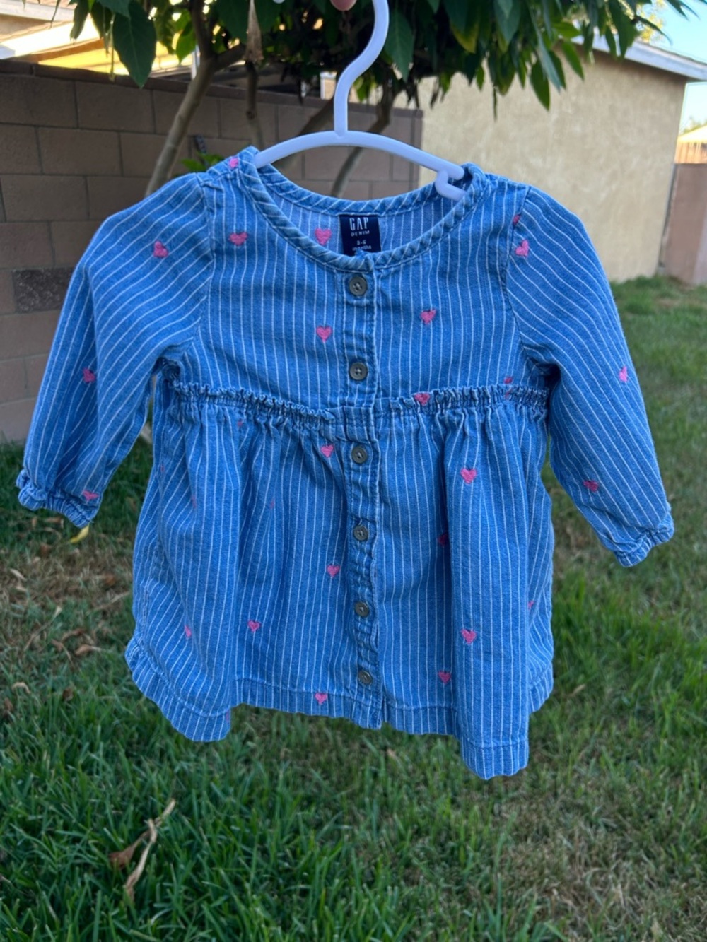 GAP Blue Striped Button-Front Toddler dress with  Pink Hearts